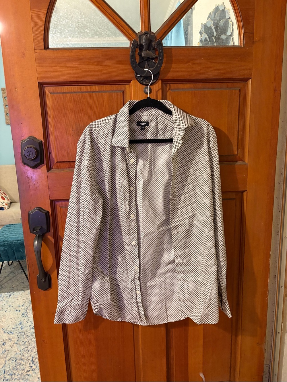 Express Men’s Button-Down Shirt in White with Black Dot Pattern